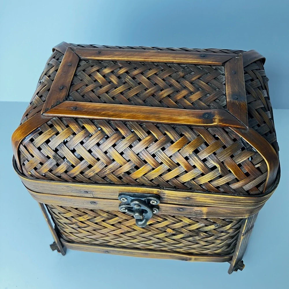 Vintage Storage Chest Brown Footed Keepsake Box Decor Handcrafted Woven Bamboo